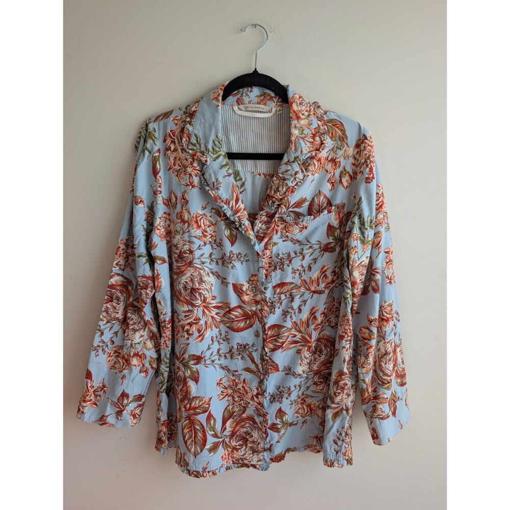 Soft Surroundings Women's M Blue Floral Ruffle Button Down Pajama Top Cotton